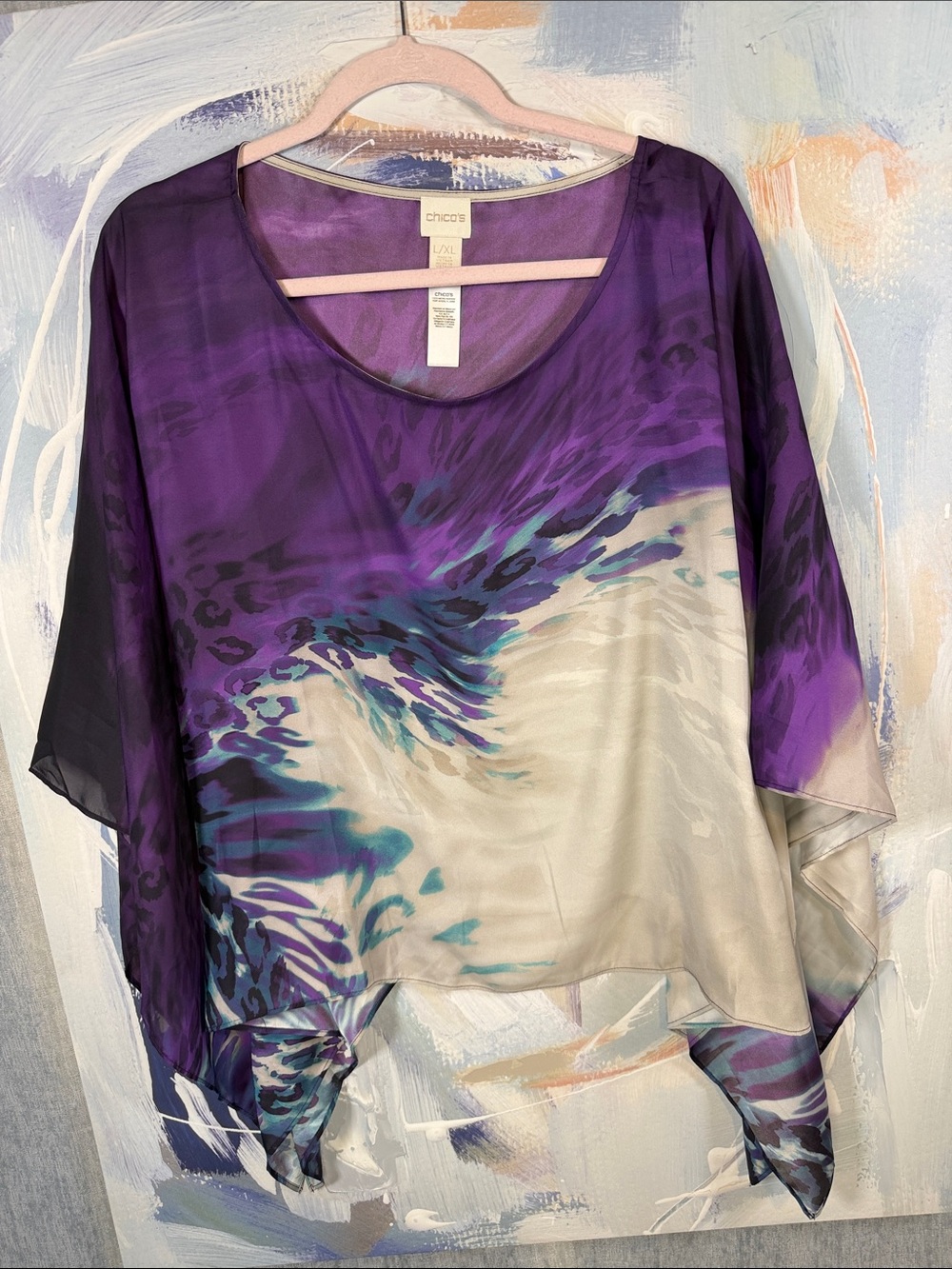Chico’s Purple Abstract Print Top L/XL Semi Sheer Short Sleeve Artistic Poncho